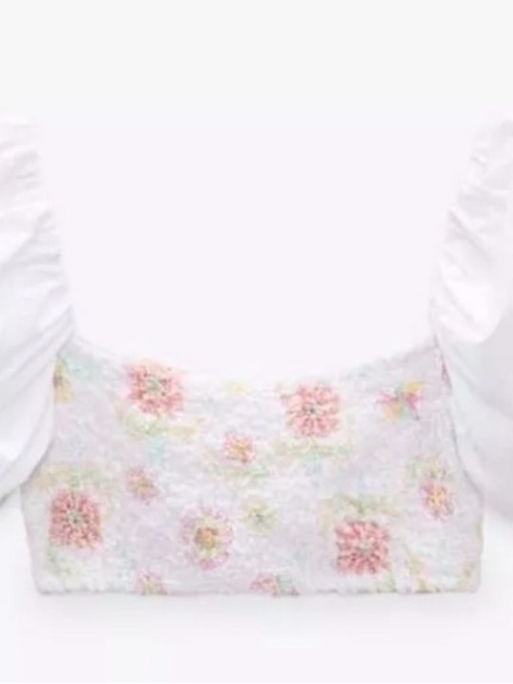 Zara White Off-Shoulder Smocked Crop Top with Pink Floral Accents - Picture 2 of 6